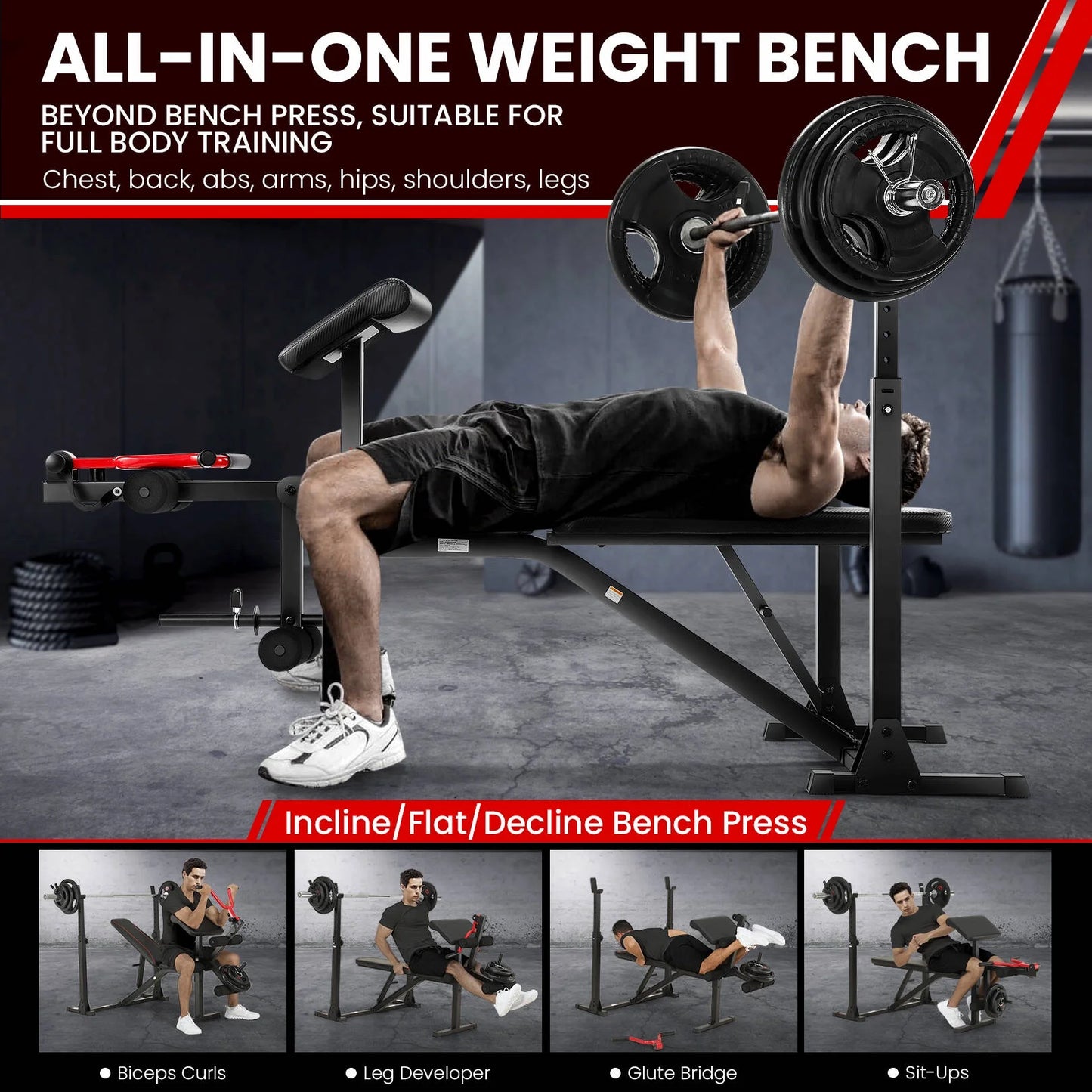 VIBESPARK 900LBS Olympic Weight Bench Set Adjustable Weight Bench with Barbell Rack, Preacher Curl, Leg Extension Multi-Purpose Workout Bench Set Full Body Strength Training