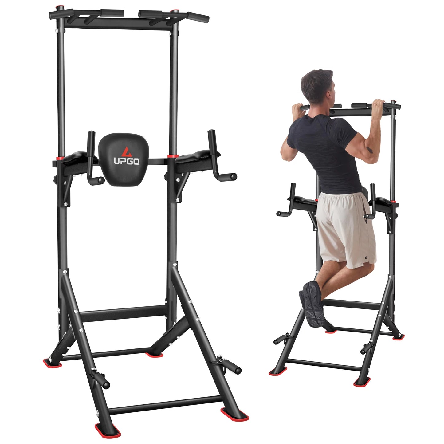 UPGO Adjustable Power Tower 400lbs Max Weight Dip Station Pull up Bar Power Rack Push up Resistance Band for Home Gym Strength Training Workout Equipment