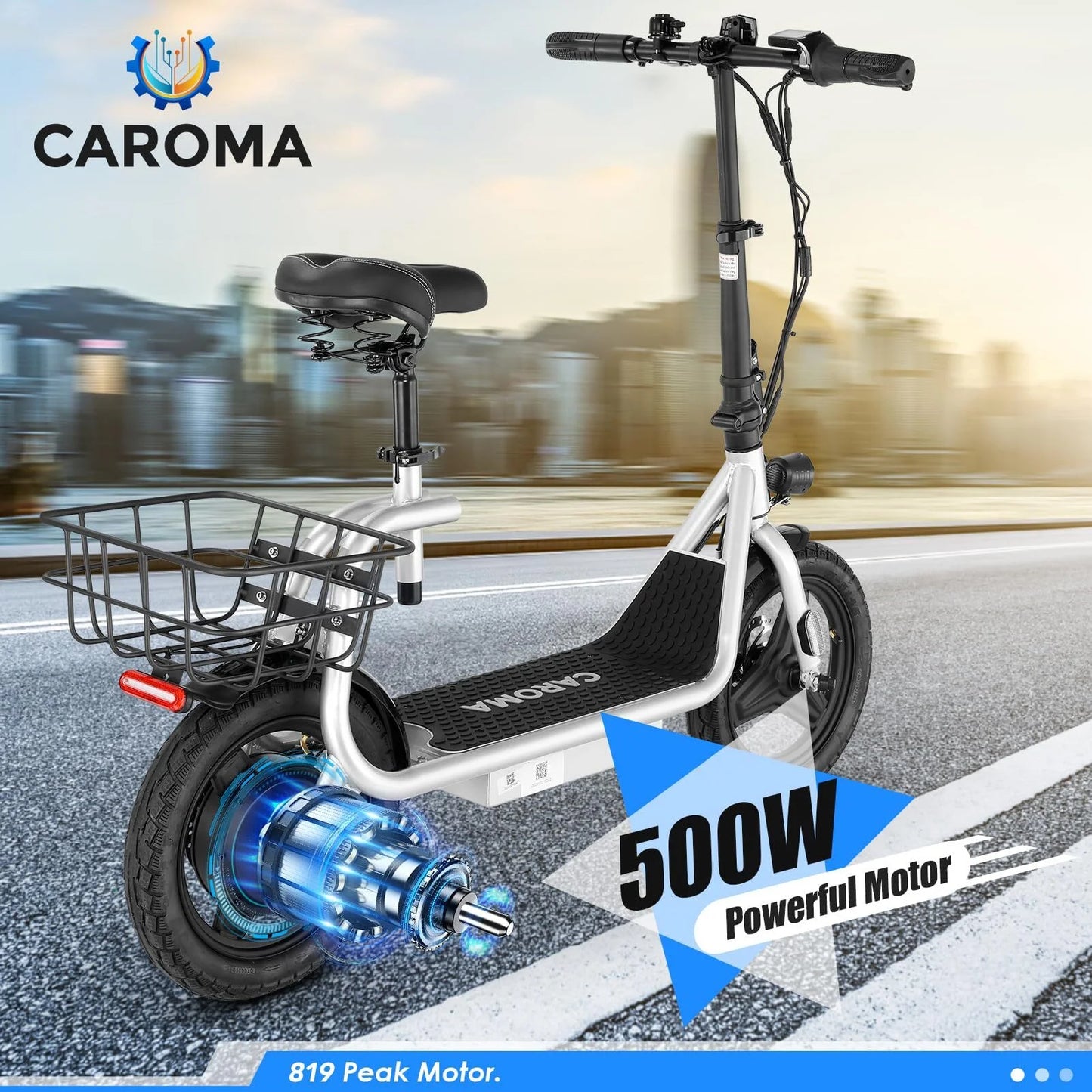 Caroma 500W Electric Scooter with Seat for Adult, 14 inch Commuter Electric Scooter with Dual Shock Absorbers and Basket &#8211; Up to 25 Miles 20 MPH, Silver