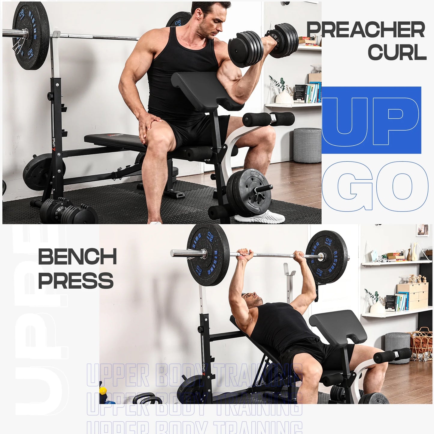 UPGO Standard Weight Bench, Bench Press Set with Preacher Curl Pad and Leg Developer for Home Gym Full-Body Workout,900lbs Max Weight