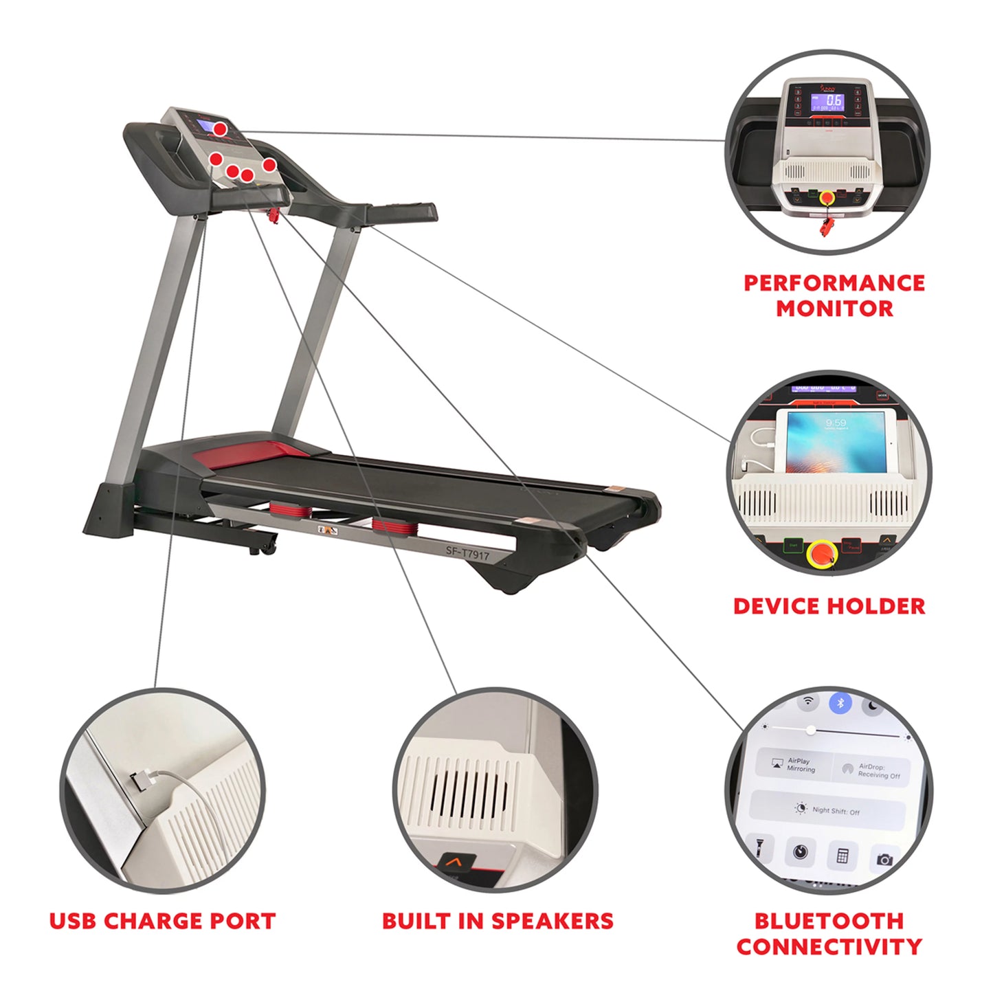 Sunny Health Fitness Electric Incline Treadmill, Bluetooth Speakers, USB Charge Function, Home Workout Exercise Machine, SF-T7917