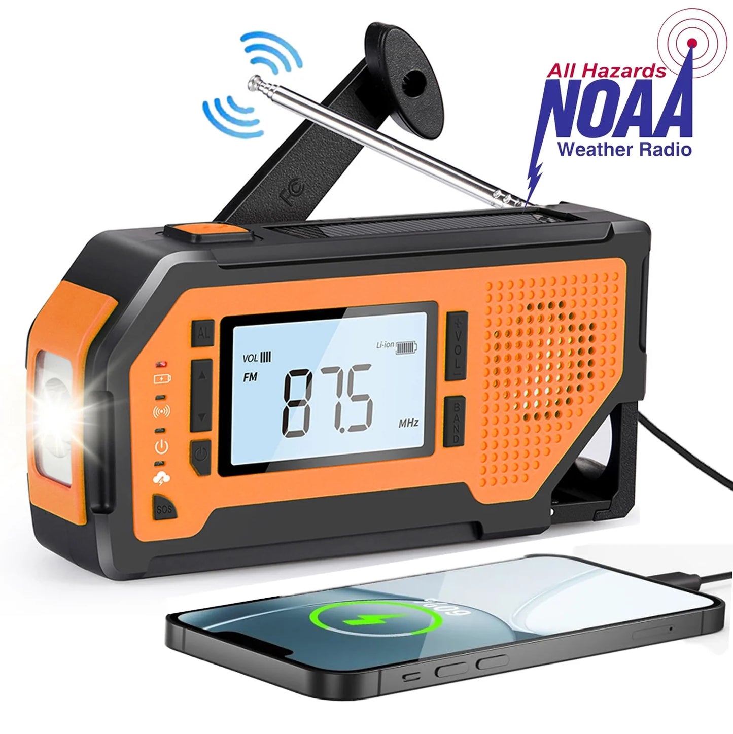 Doosl Emergency Weather Radio, FM/AM/Noaa Hand Crank Flashlight Solar Radios with Cell Phone Charge, SOS Alarm, Orange