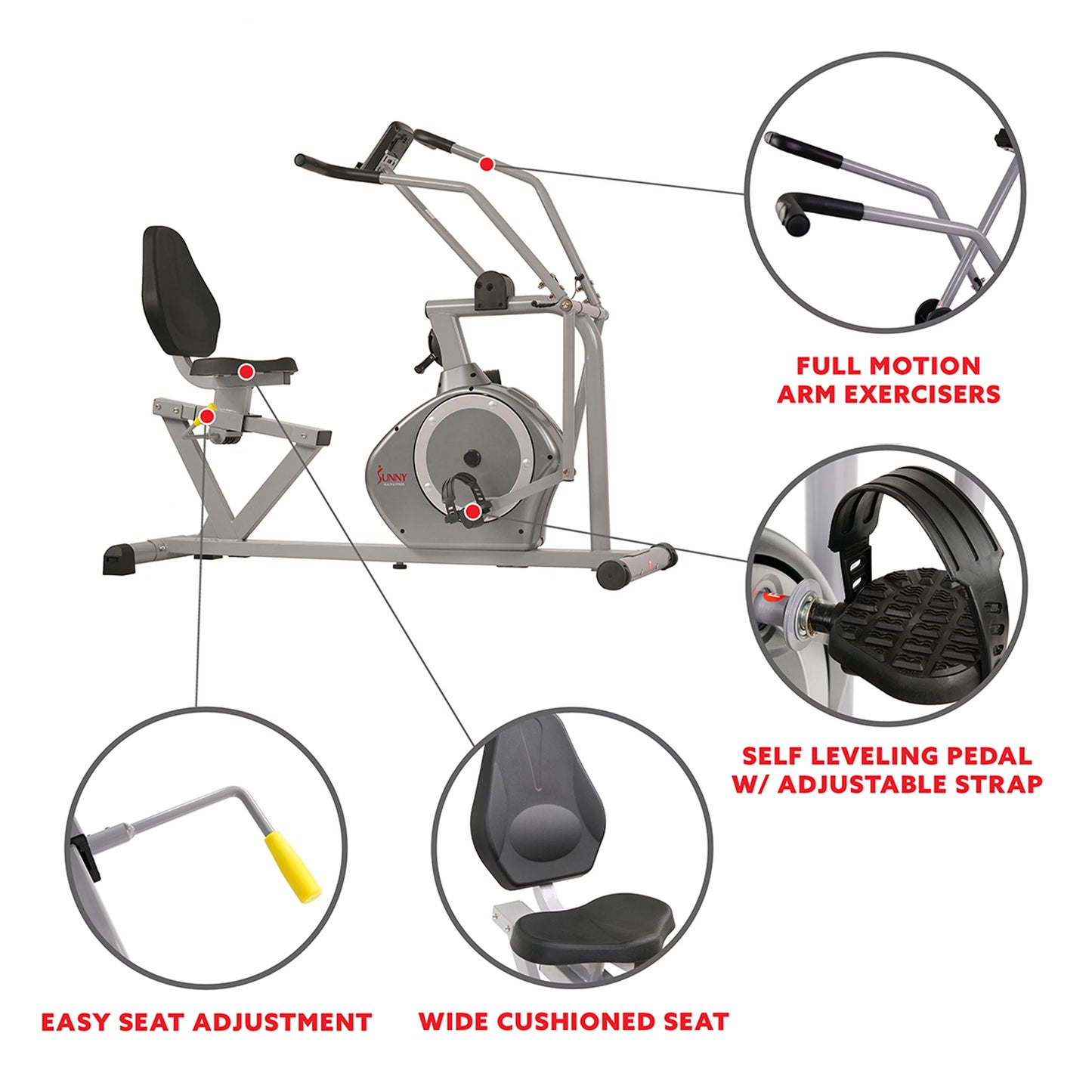 Sunny Health &#038; Fitness Stationary Indoor Recumbent Exercise Bike Cardio Machine Cross Trainer w/Arm Workout Exercisers, SF-RB4708