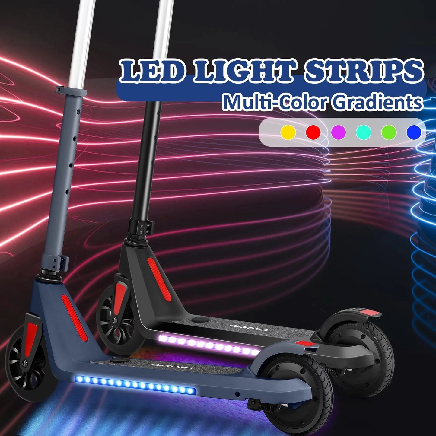 CAROMA Electric Scooter, Foldable Electric Scooter for Kids Ages 8-15, Up to 10 MPH &#038; 7 Miles, LED Display, Colorful LED Lights, Lightweight Kids Electric Scooter