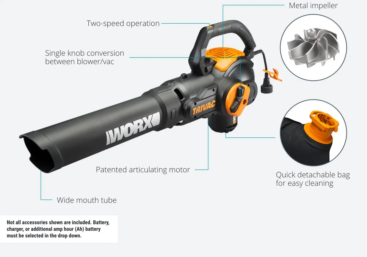 Worx WG512 3 in 1 Trivac 2 Speed Corded Electric Leaf Blower Mulcher Yard Vacuum