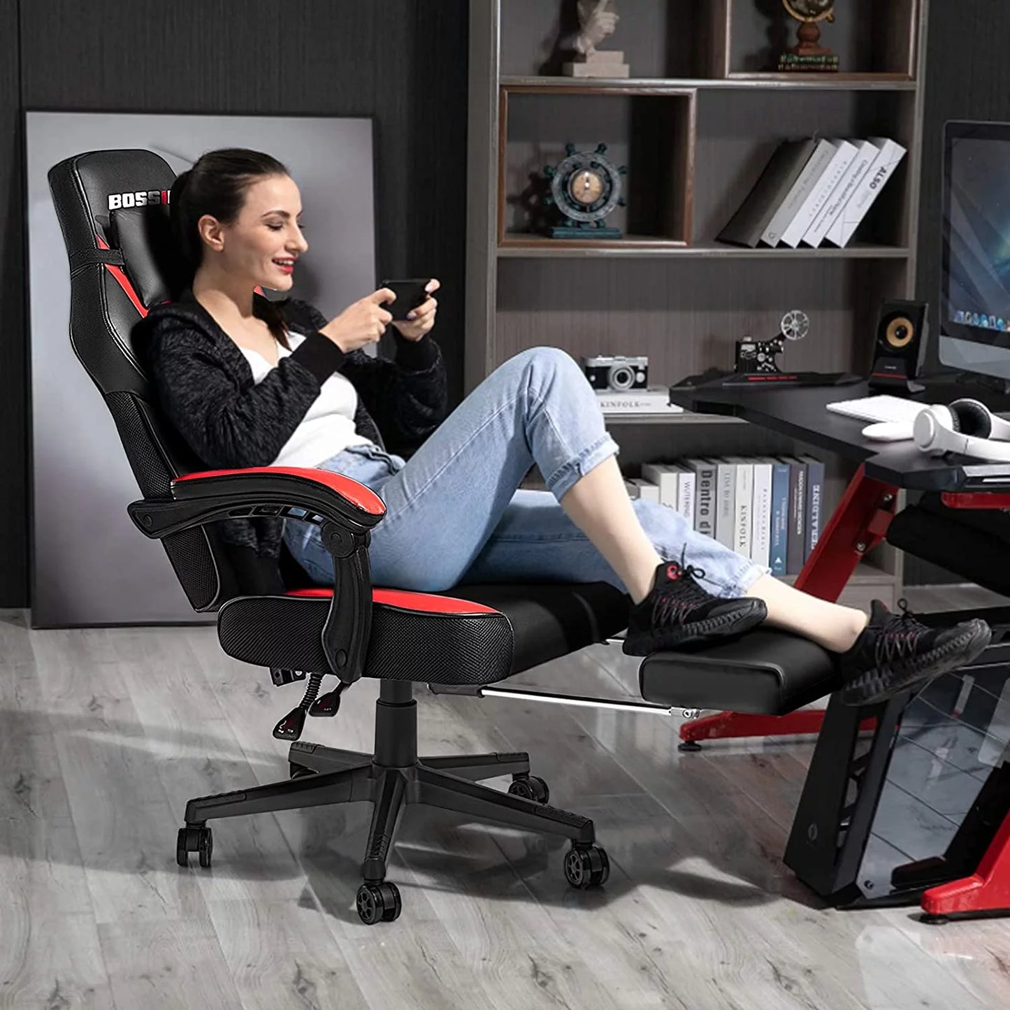 Bossin Gaming Chairs with Footrest, Massage Leather Game Chair for Adults, Big and Tall Gamer Chair with Headrest and Lumbar Support