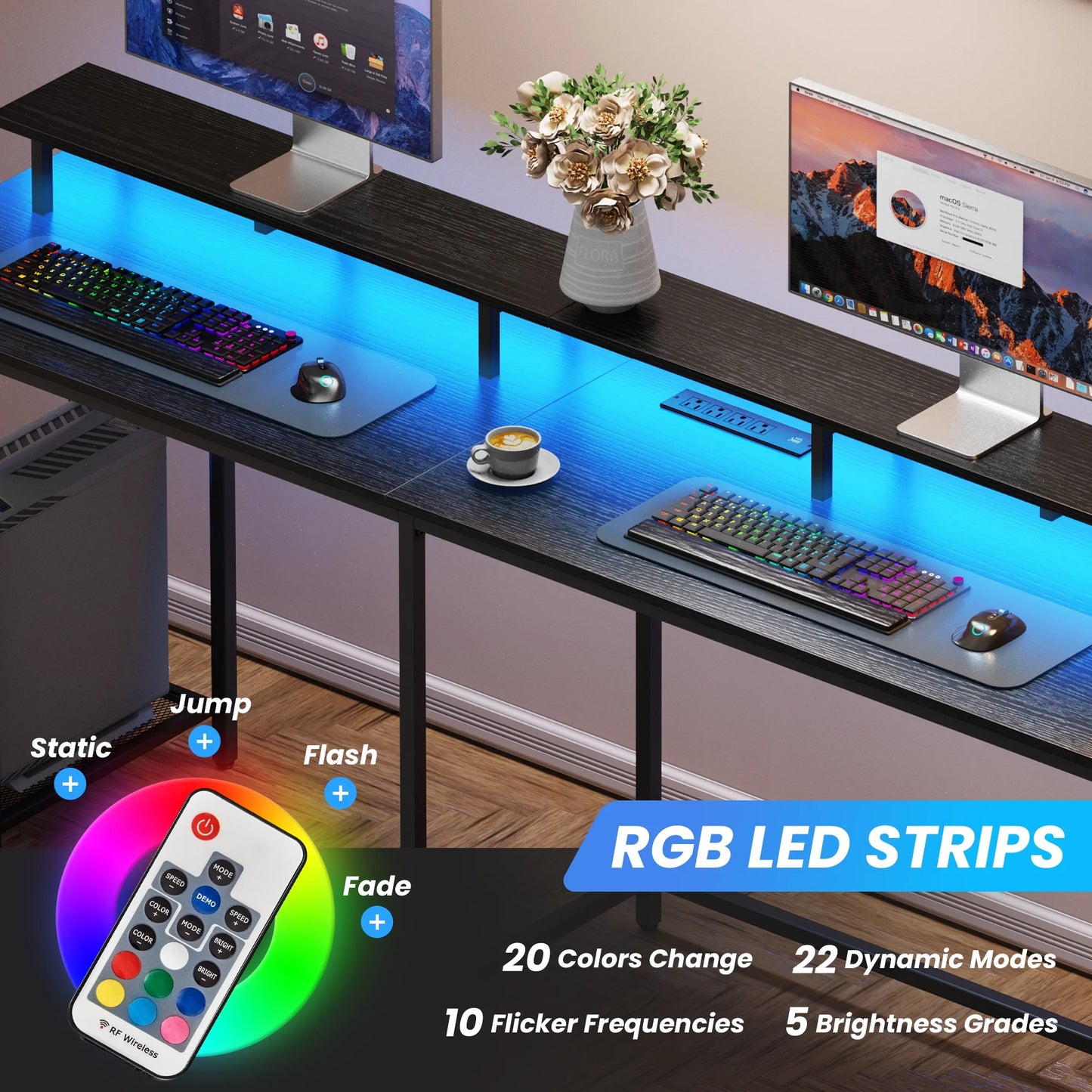 SUPERJARE L Shaped Desk with Outlets &#038; USB Ports, Gaming Desk with LED Light Strip, Corner Computer Desk, L Office Desk, Monitor Stand, Hooks, and Storage Shelves, Black