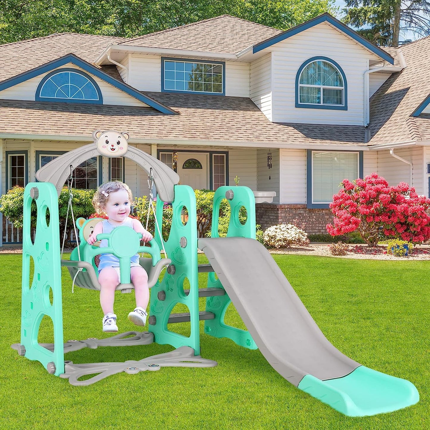 Arlopu Toddler Slide and Swing Set, 4 in 1 Kids Anti-Slip Climber Slide Playset with Basketball Hoop, Outdoor Indoor Playground for Children 3-6 Years