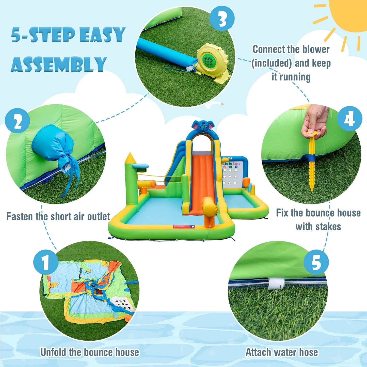 Topbuy Inflatable Water Slide 9-in-1 Blow-up Water Park for Kids with Splash Pool Climbing Wall Water Guns Basketball Toss with 750W Blower