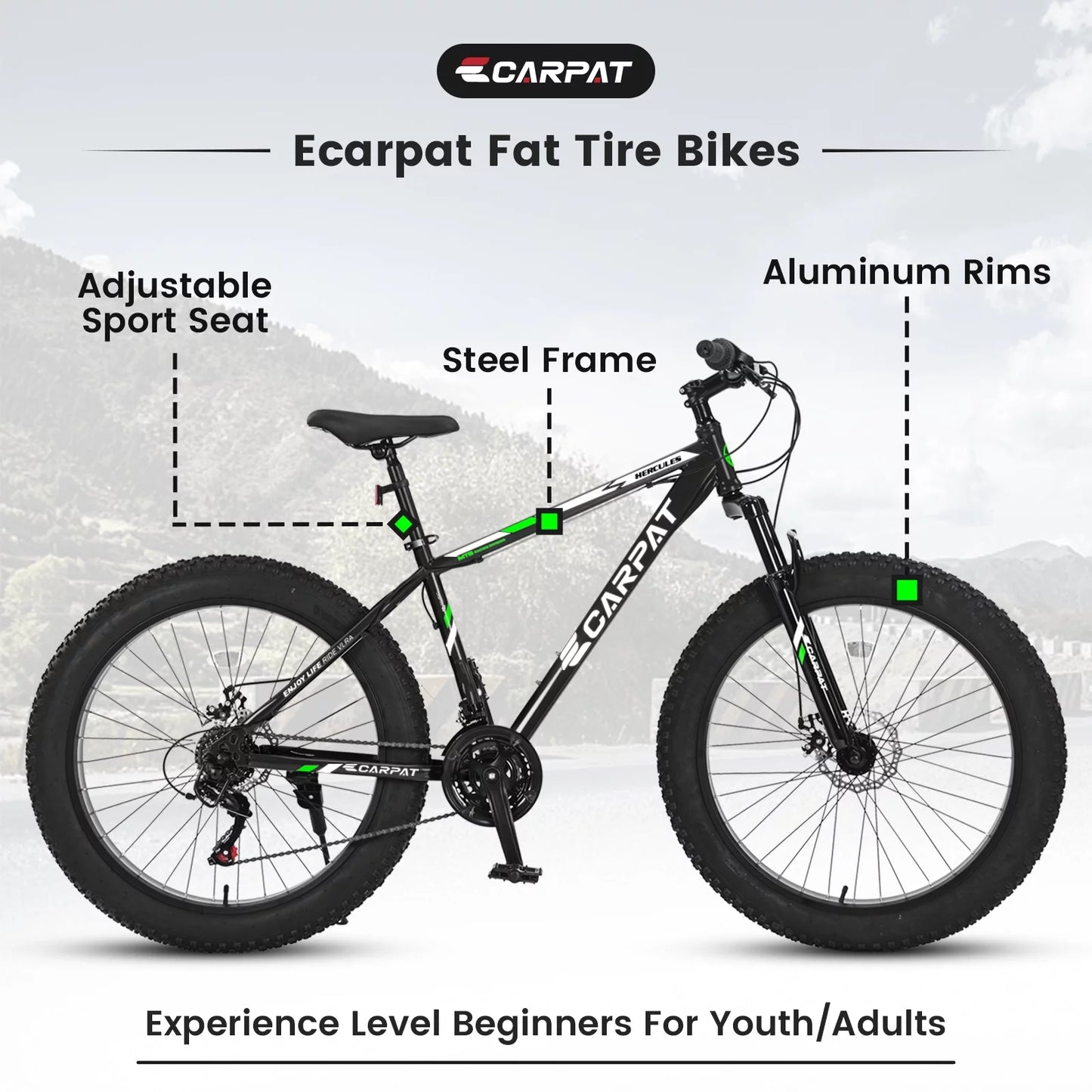 26 inch Mountain Bike for Men, Adult Fat Tire Bike with Disc Brakes 21 Speed, Black