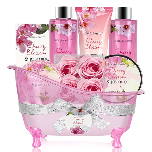 Bath Gift Sets for Women, 8 Pcs Cherry Blossom &#038; Jasmine Spa Baskets, Beauty Body Holiday Valentines Day Gift Sets