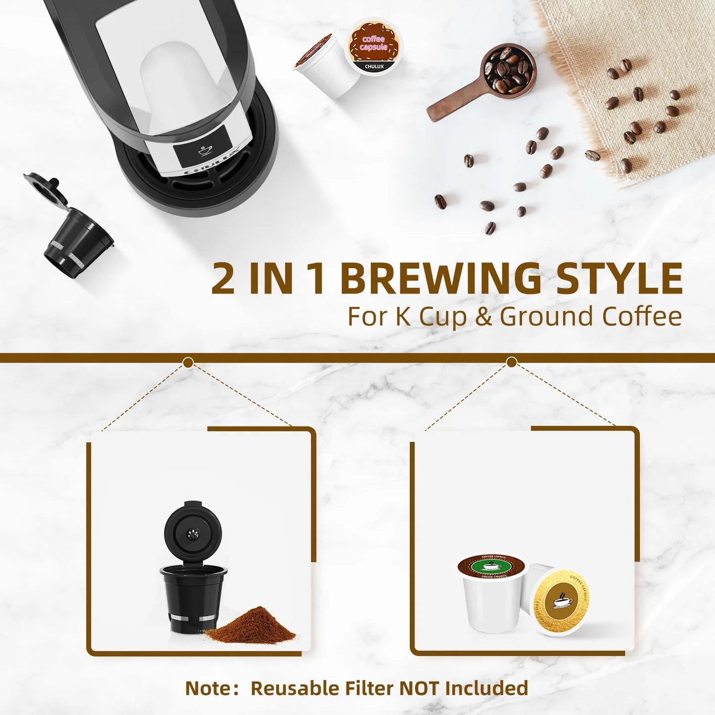 CHULUX Classic Coffee Maker One Cup, Single Serve Travel Pod Coffee Machine for K Cup &#038; Ground Coffee, New