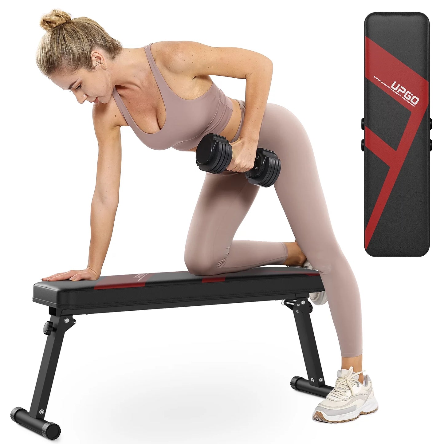 UPGO 600LBS Folding Flat Bench, Sturdy Lightweight and Space-saving Bench Press Flat Weight Bench, Easy to Assemble