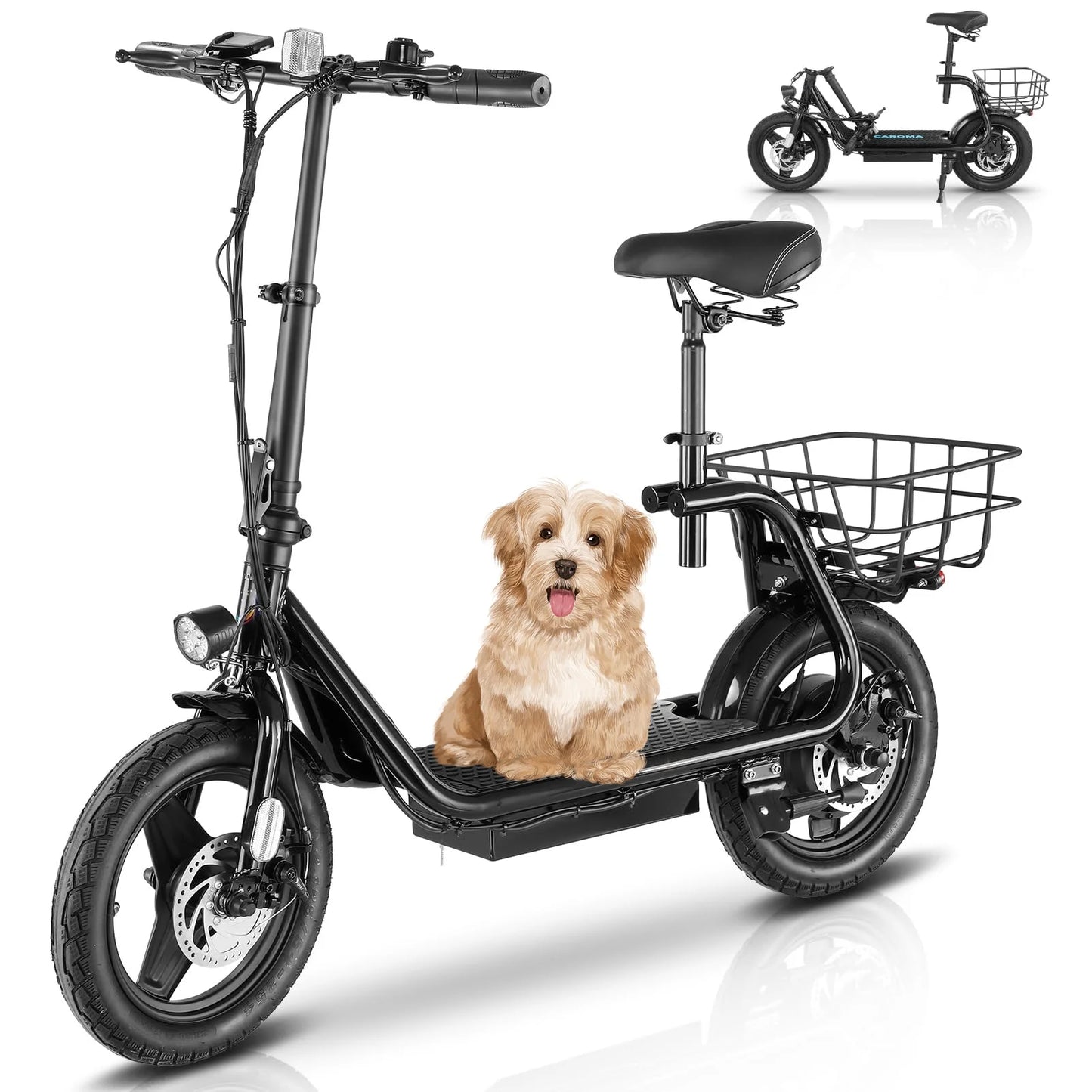 Caroma 500W Electric Scooter with Seat for Adult, 20 Mph Bike with Basket, 300lbs Max Load and 14&#8243; Fat Tire E Mopeds