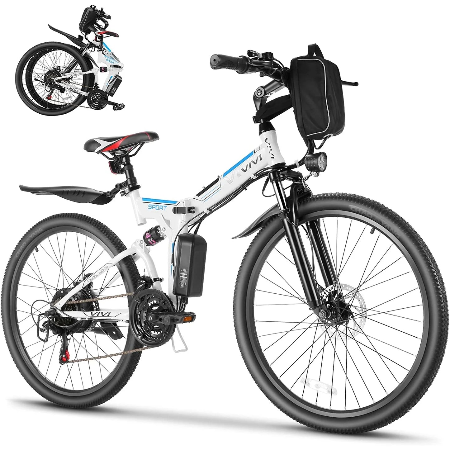 Vivi Electric Bike 26&#8221; Folding Electric Mountain Bike 500W Full Suspension Electric Bike 21 Speed with Cruise Control, 48V Removable Battery, Up to 20MPH &#038; 50 Miles