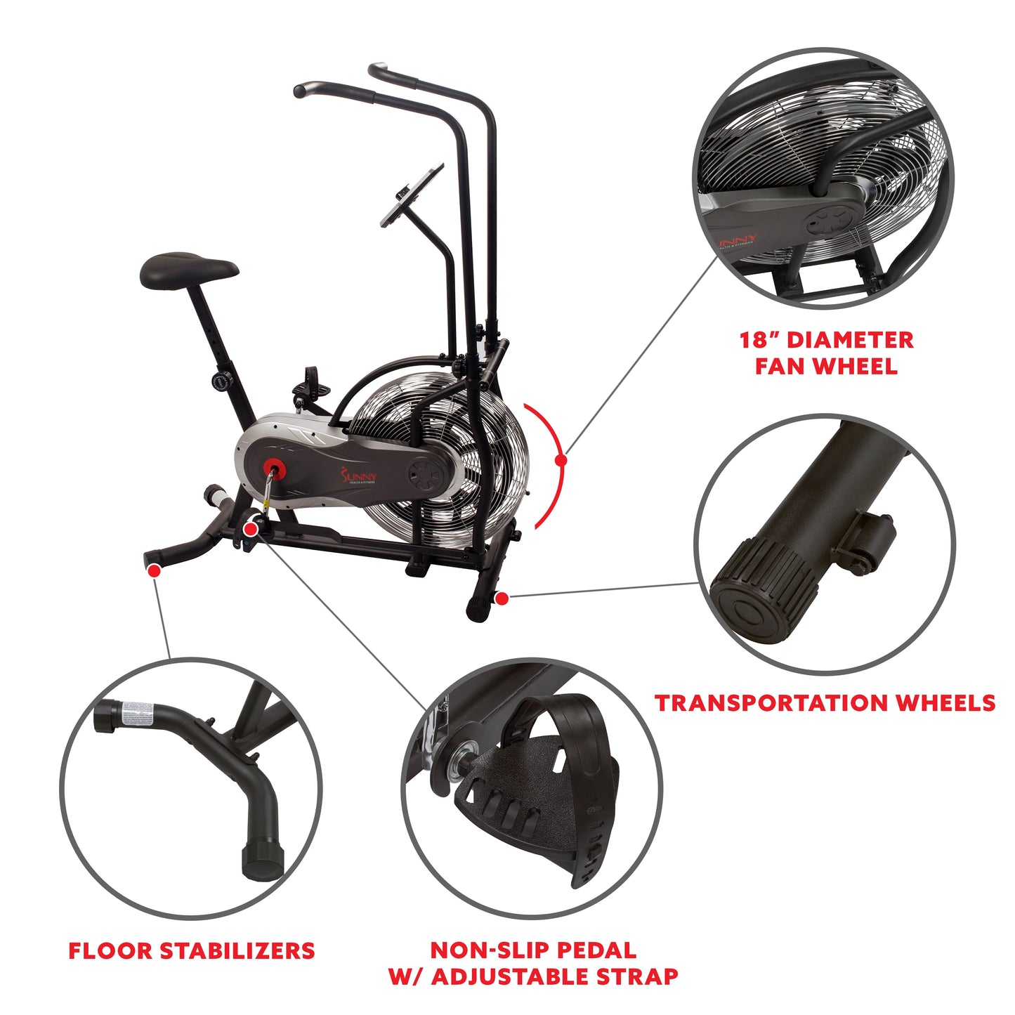 Sunny Health &#038; Fitness Zephyr Indoor Stationary Upright Air Bike w/ Row &#8211; Fan Exercise Bicycle Cardio Machine For Home, SF-B2715