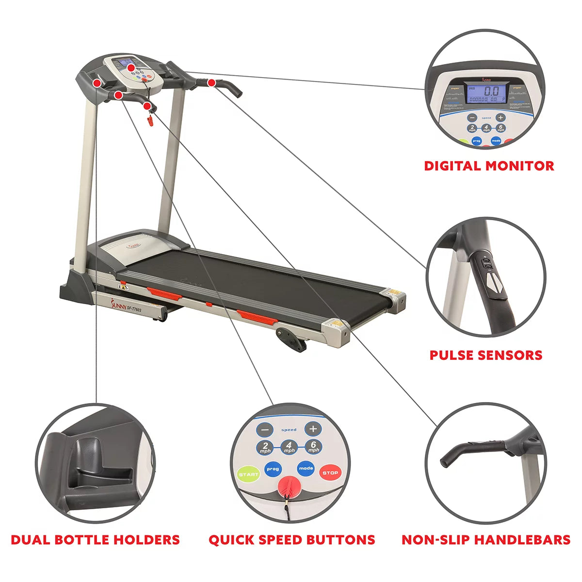 Sunny Health &#038; Fitness Powerful Electric Treadmill for Home, Foldable, Manual Incline, Built-In Programs, Pulse Sensor, SF-T7603