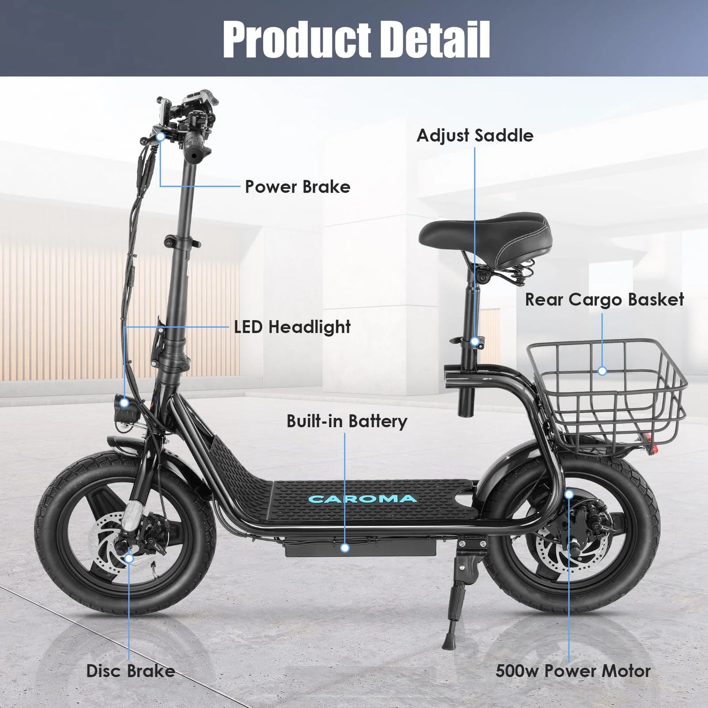 Caroma 500W Electric Scooter with Seat for Adult, 20 Mph Bike with Basket, 300lbs Max Load and 14&#8243; Fat Tire E Mopeds