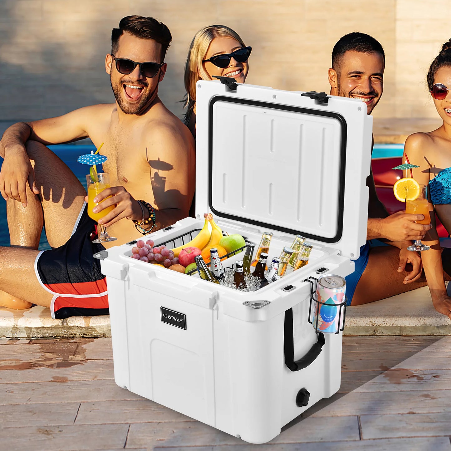 Costway 55 Quart Cooler Portable Ice Chest w/ Cutting Board Basket for Camping White