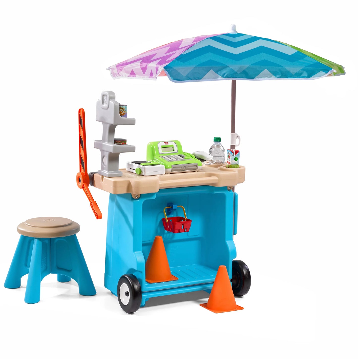 Step2 Stop &#038; Go Market Toddler Blue Kids Plastic Playset with Umbrella