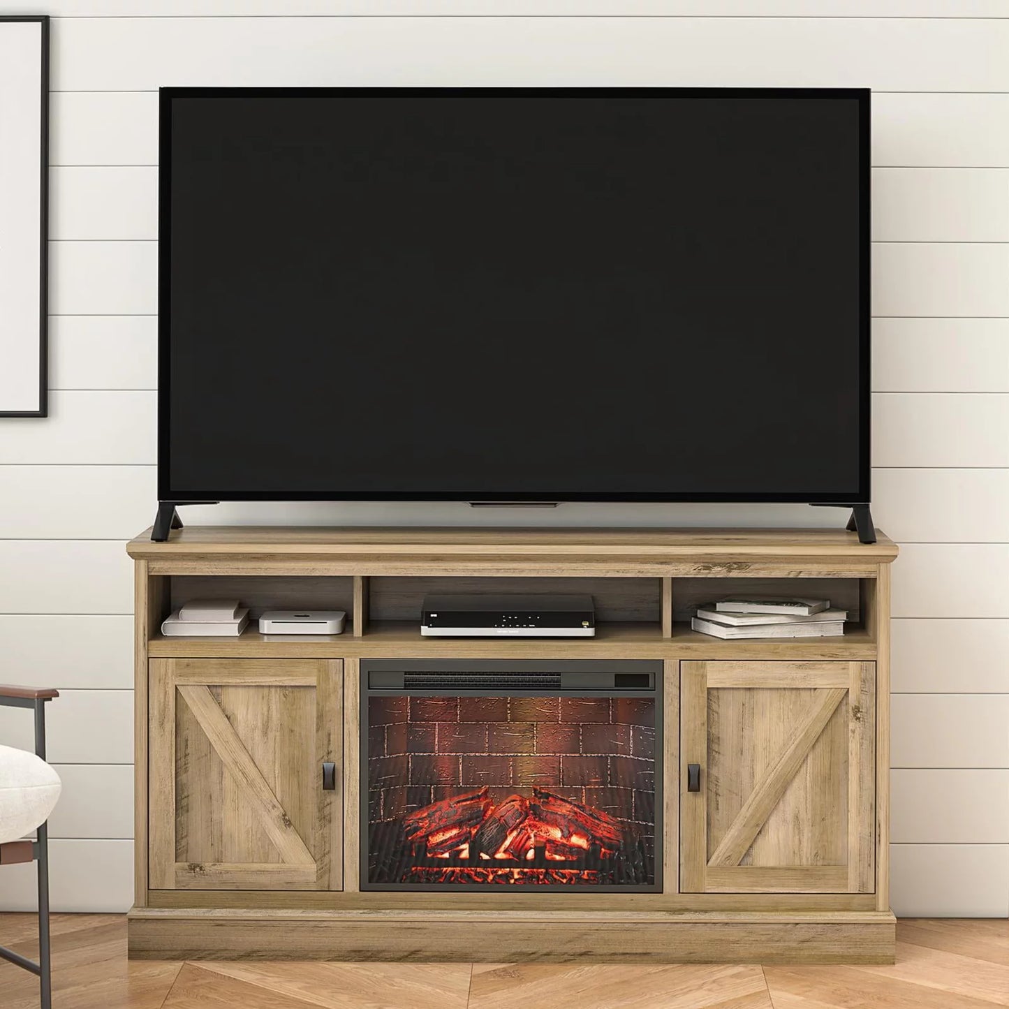 Ameriwood Home Ashton Lane Electric Fireplace TV Stand for TVs up to 65&#8243;, Black Oak