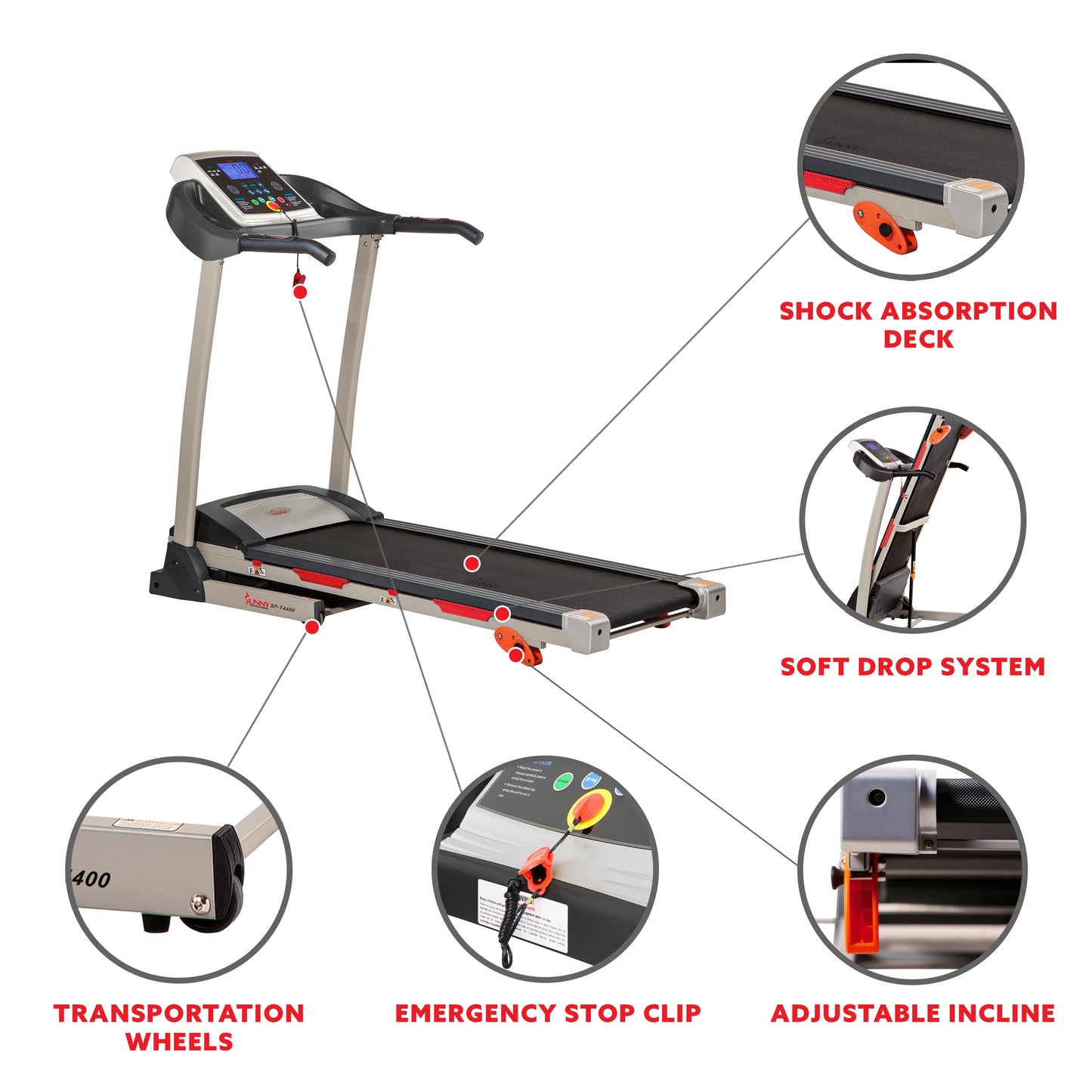 Sunny Health &#038; Fitness Treadmill with Manual Incline, Pulse Sensors, Folding, LCD Monitor for Exercise SF-T4400