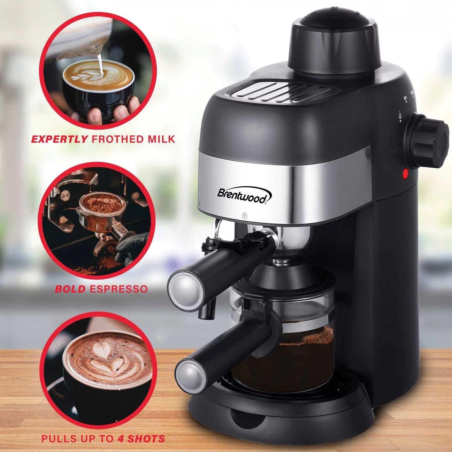 Brentwood GA-134BK GA-134BK 4-Cup Stainless Steel Espresso and Cappuccino Maker Machine