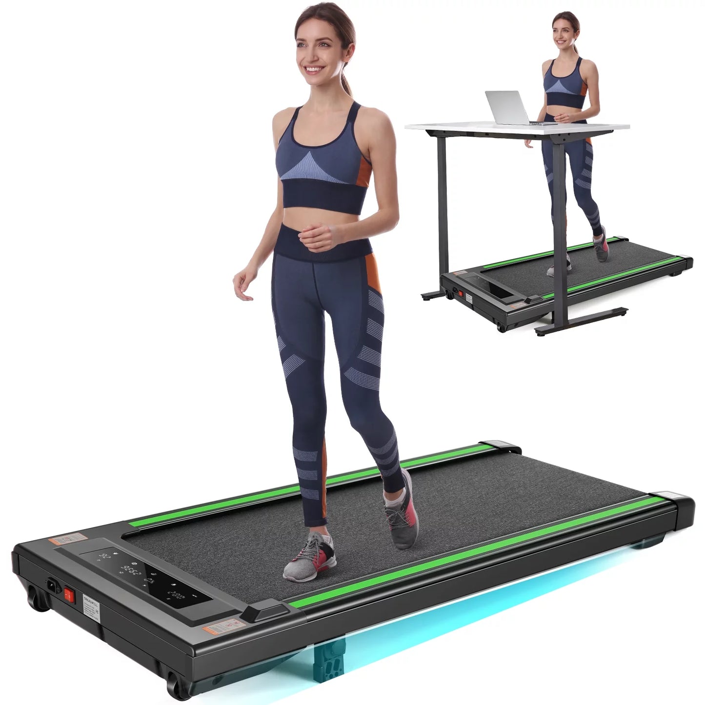 Tikmboex 2.5HP Walking Pad Under Desk Treadmill with LED Touch Screen Remote Control, 2 in 1 Treadmills for Home Office, Black &#038; Green