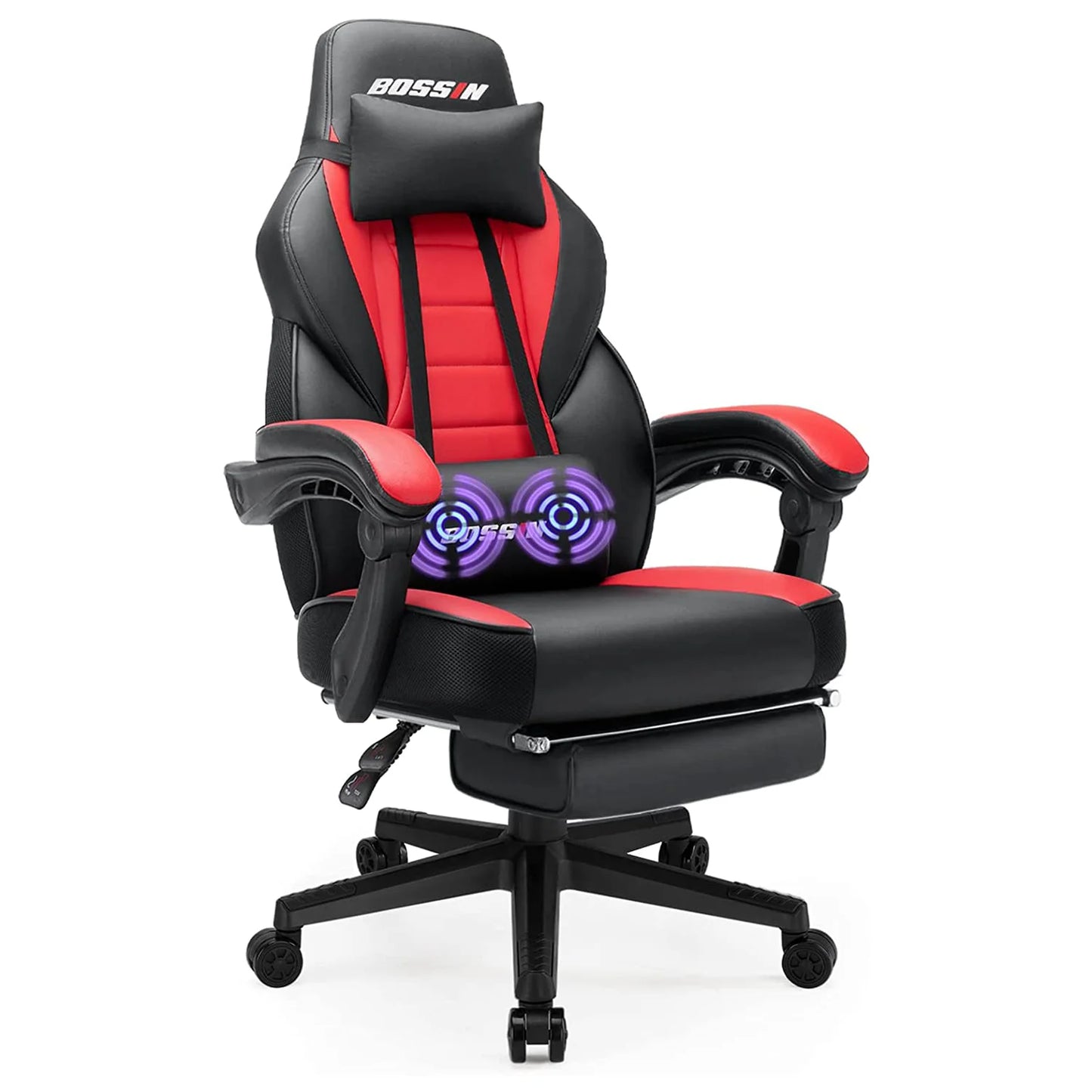 Bossin Gaming Chairs with Footrest, Massage Leather Game Chair for Adults, Big and Tall Gamer Chair with Headrest and Lumbar Support