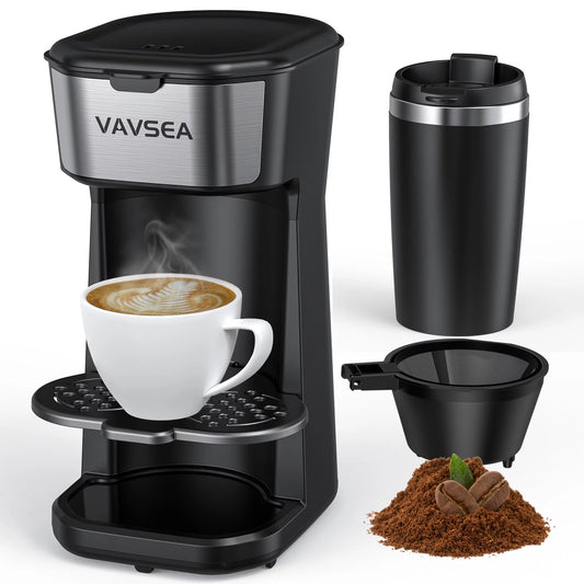 VAVSEA Single-Serve Coffee Maker Brewer with Thermal Travel Mug &#038; Reusable Filter, 600W Coffeemaker for Ground Coffee