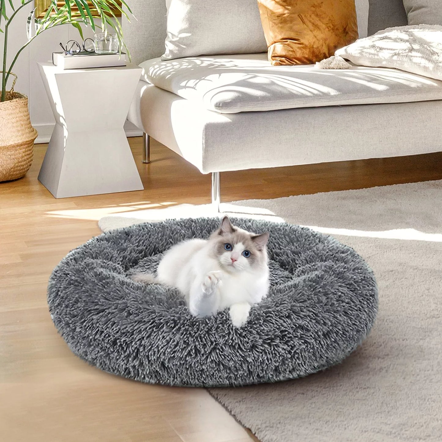 Calming Dog &#038; Cat Bed, Anti-Anxiety Donut Cuddler Warming Cozy Soft Round Bed, Fluffy Faux Fur Plush Cushion Bed for Medium Small Dogs and Cats, 24&#8243;