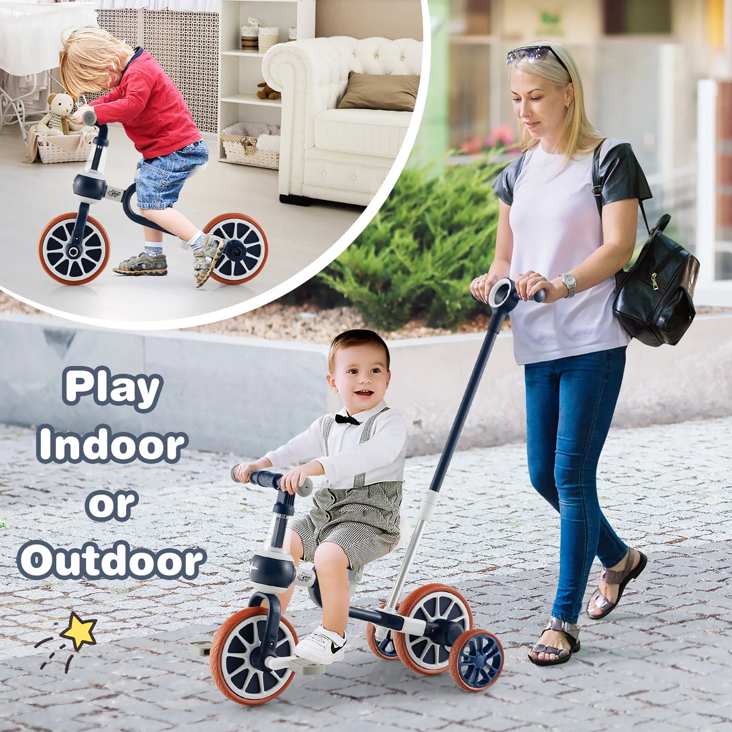 Costway 4 in 1 Kids Tricycles with  Push Handle &#038; Training Wheels Baby Balance Bike Navy