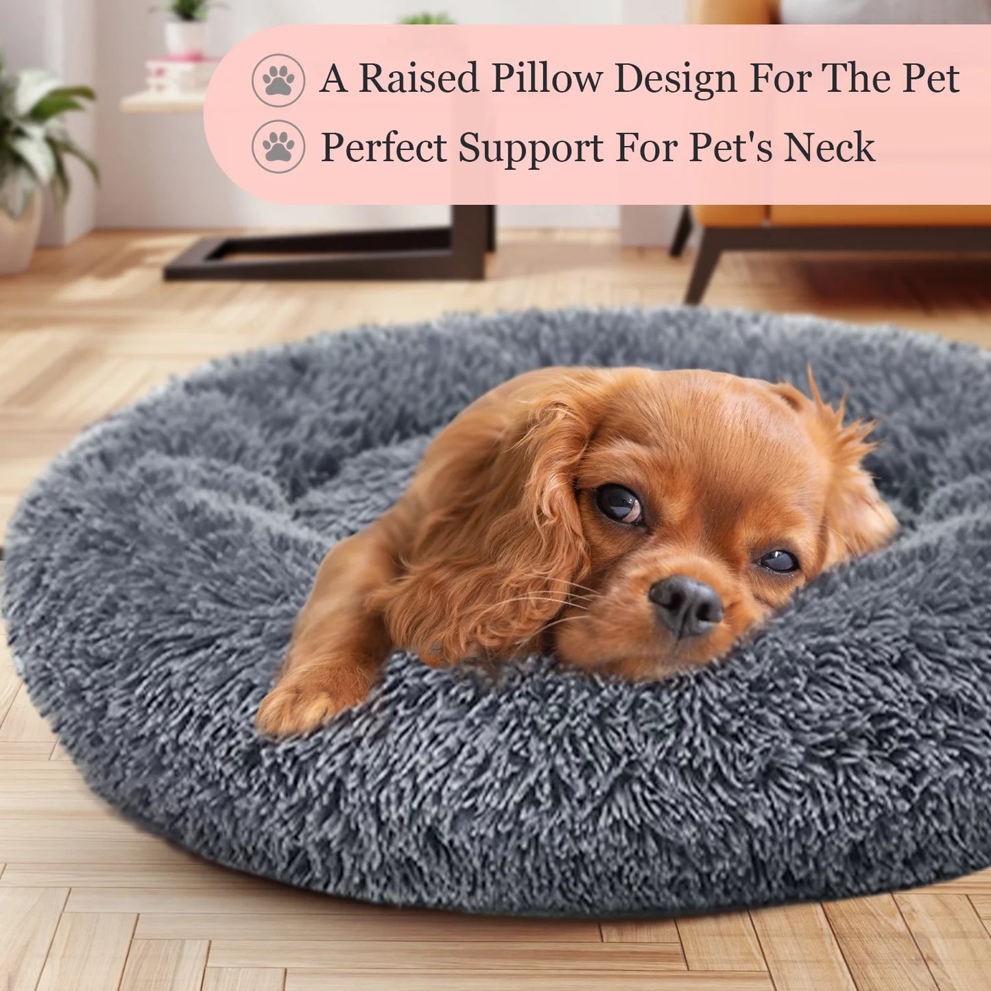 Calming Dog &#038; Cat Bed, Anti-Anxiety Donut Cuddler Warming Cozy Soft Round Bed, Fluffy Faux Fur Plush Cushion Bed for Medium Small Dogs and Cats, 24&#8243;