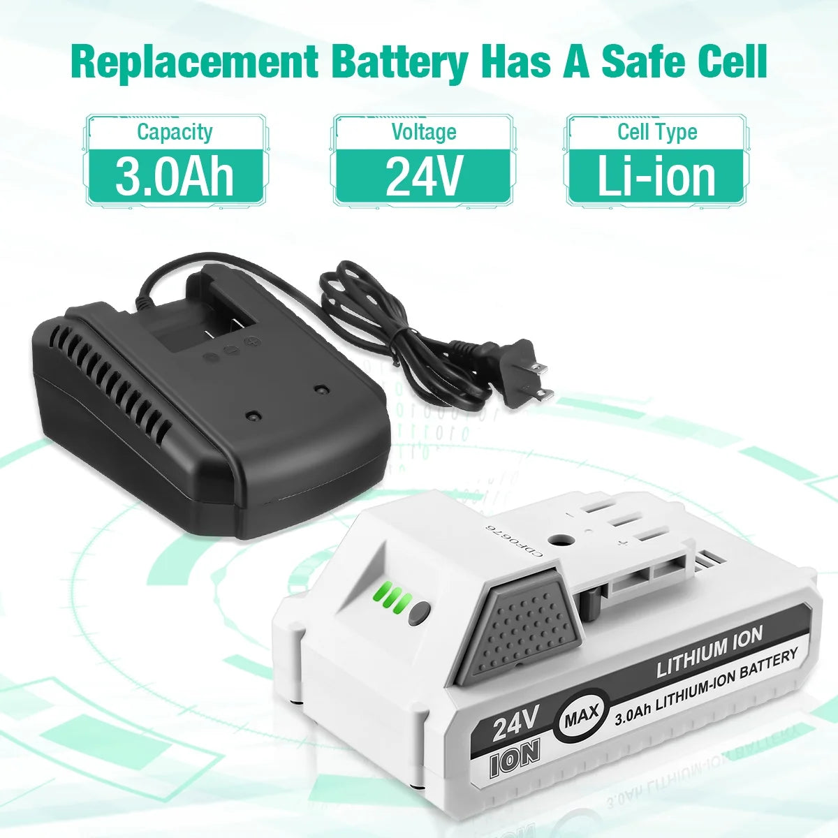 3.0Ah 24V Lithium-ion Battery and Battery Charger for Snow Joe + Sun Joe 24V Cordless