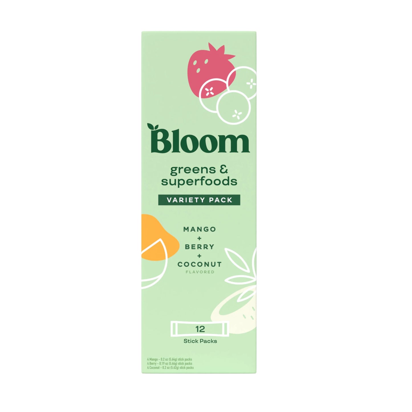 Bloom Nutrition Greens &#038; Superfoods Powder Sticks, Mango, Berry, and Coconut, 12 Count