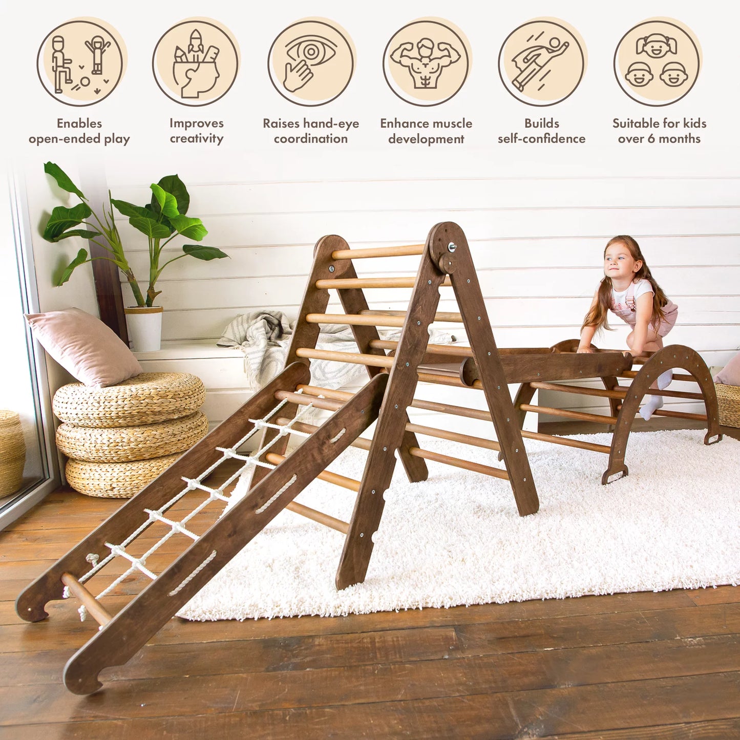 4-in-1 Montessori Indoor Playground: Wooden Foldable Triangle Ladder + Climbing Arch (Rocker Balance) + Slide Board (Ramp) + Spider Net for Kids 1-7 y.o.