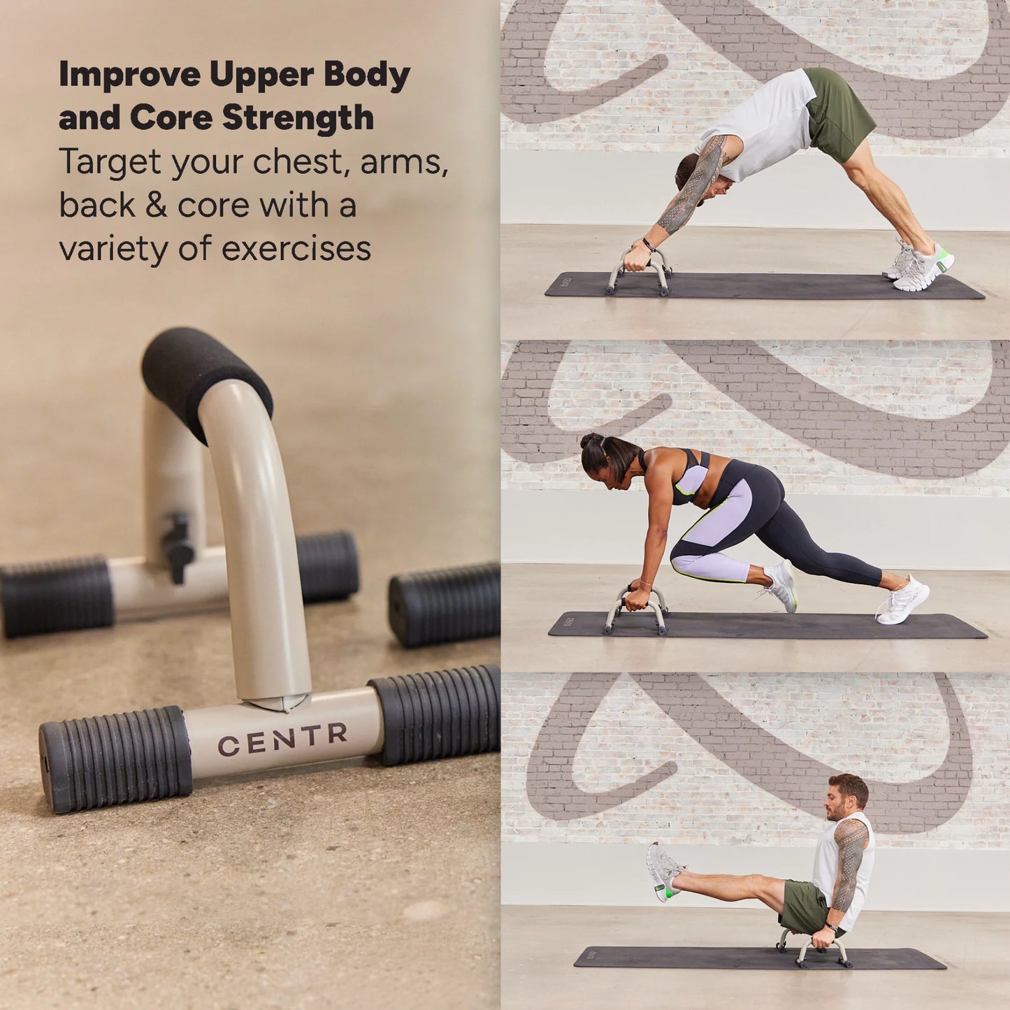 Centr by Chris Hemsworth Push up Bars, Slip-Resistant Grips, Sand Brown, 2-Pack + 3-Month Membership