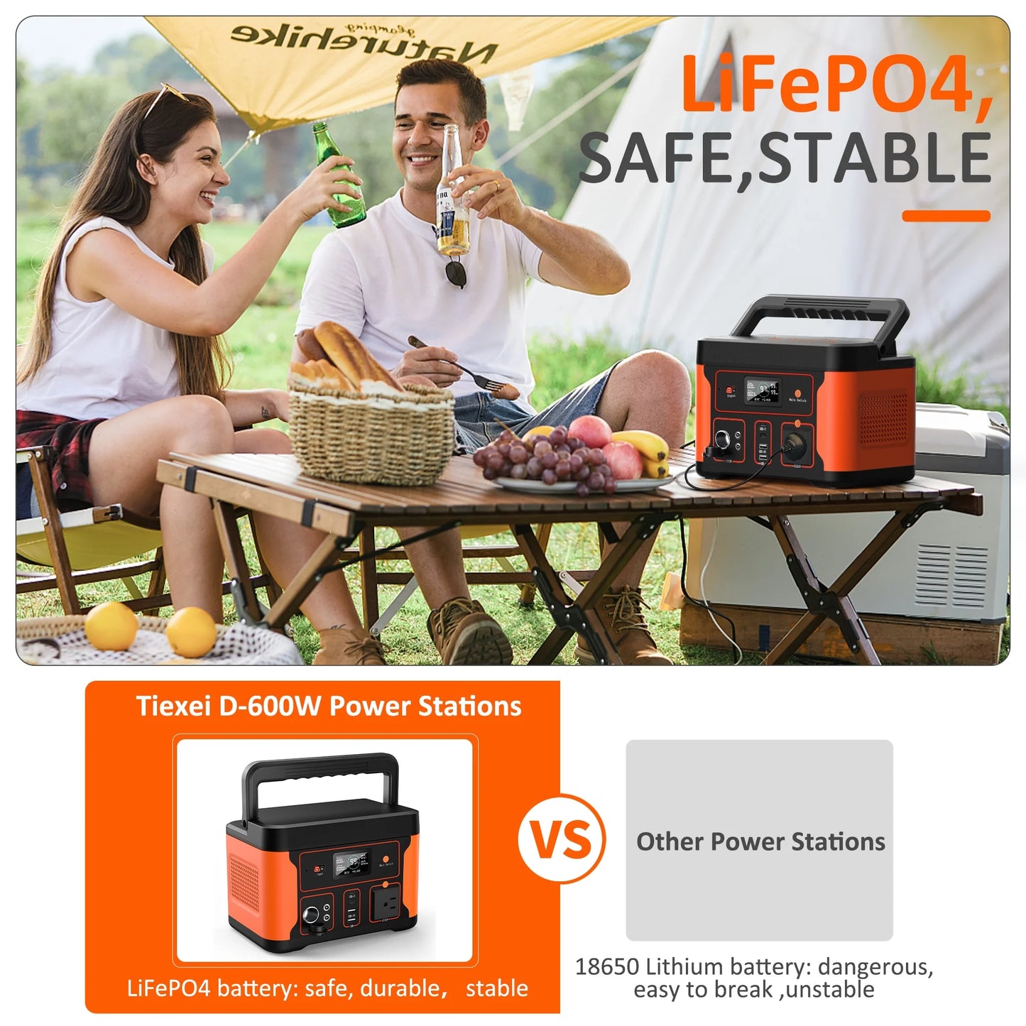 Tiexei D600 Portable Power Station 600W, 550Wh/172000mAh LiFePO4 Battery  Generator for Outdoor Camping