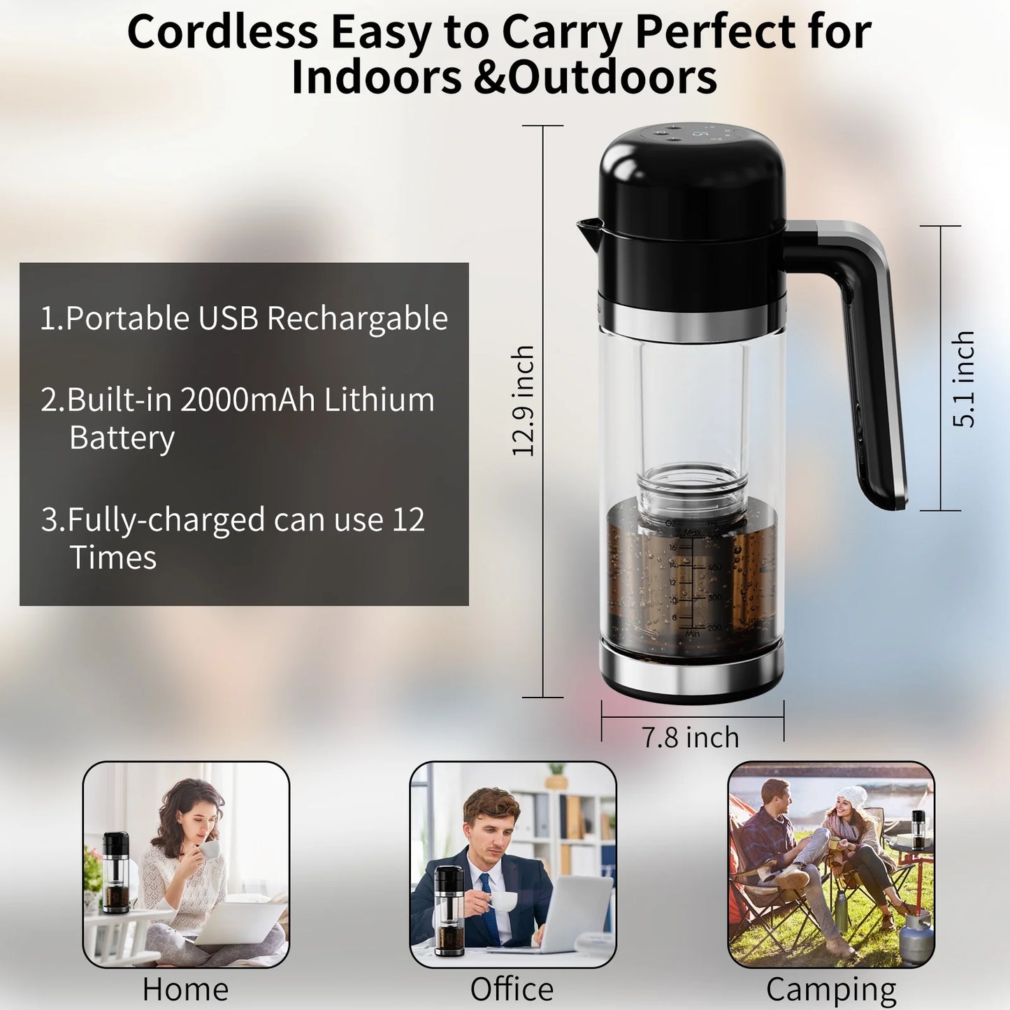 Cold Brew Maker, Electric Tea and Coffee Brewer 15 Minutes, Cold Brewer Drink with Built-in Battery Portable for Outdoor Use,Tea Brewer with Customized Mode,Black Cover and Glass Cup