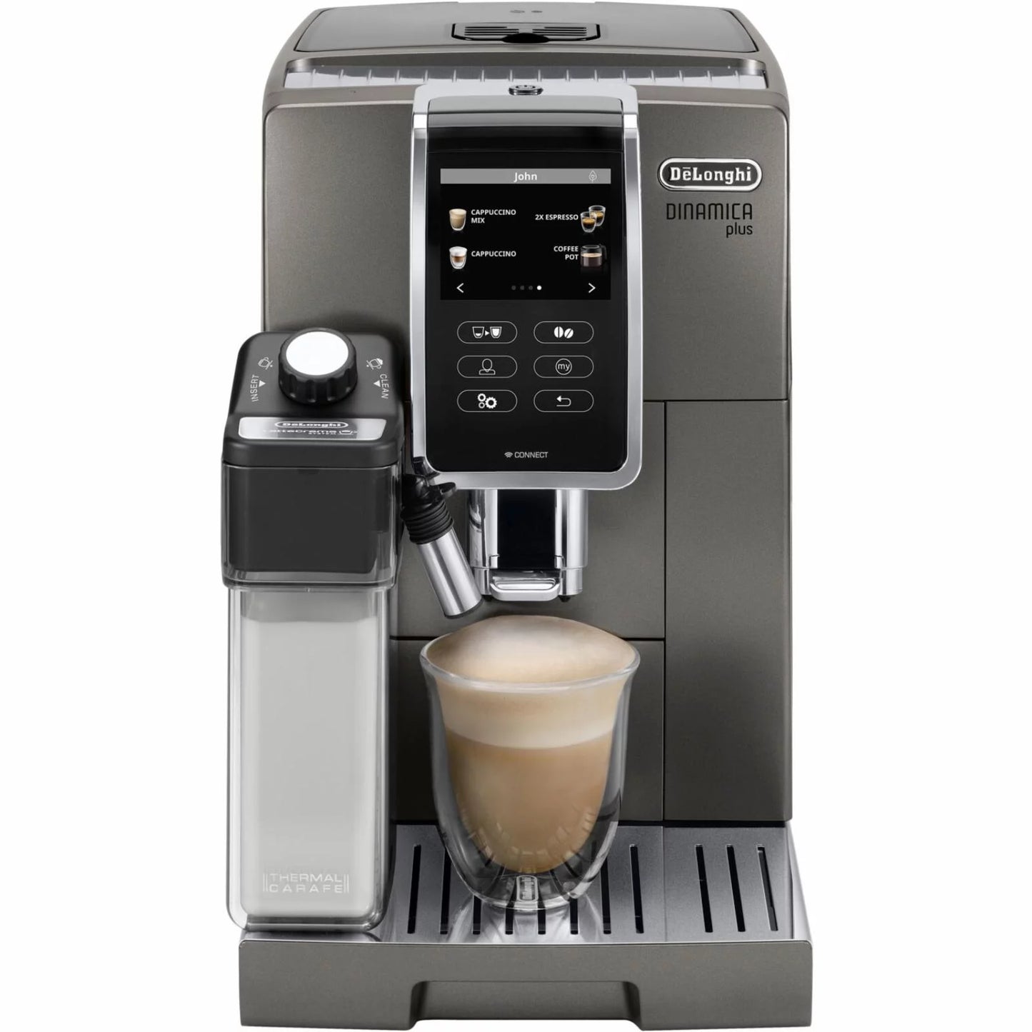 De&#8217;Longhi Dinamica Plus, Smart Coffee and Espresso Machine with Coffee Link Connectivity App and Automatic Milk Frother, Titanium