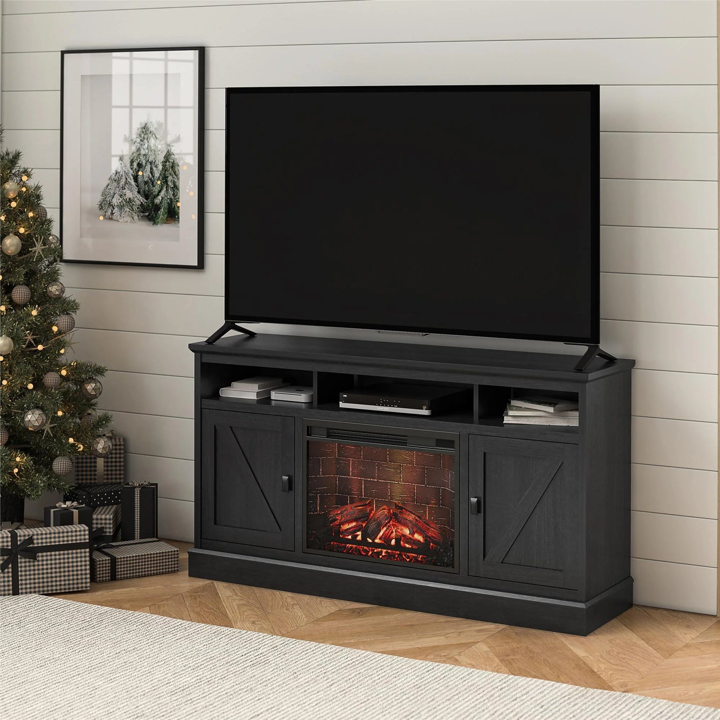 Ameriwood Home Ashton Lane Electric Fireplace TV Stand for TVs up to 65&#8243;, Black Oak