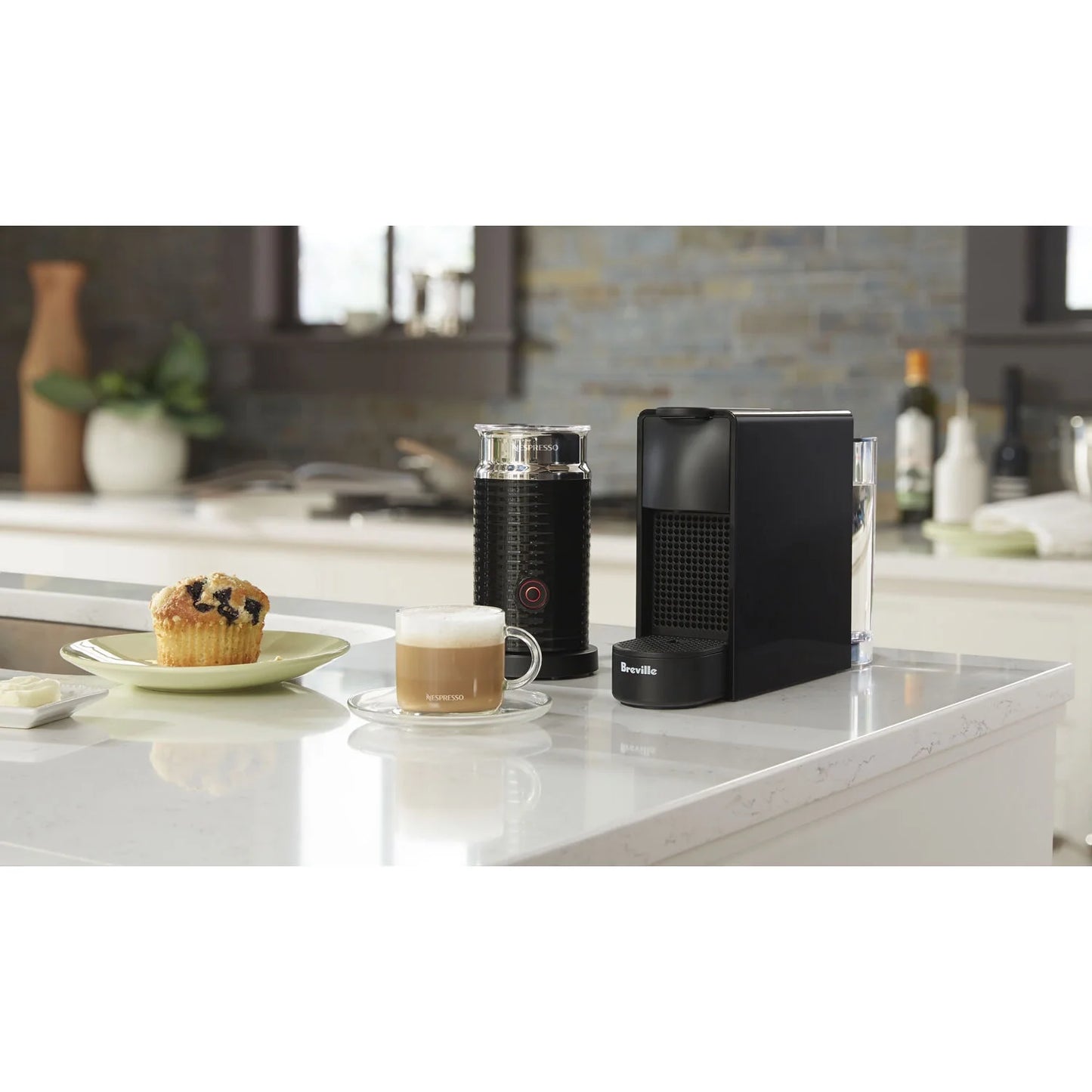 Breville Nespresso Pixie Single-Serve Espresso Machine in  New Electric Titanium and Aeroccino Milk Frother in Black