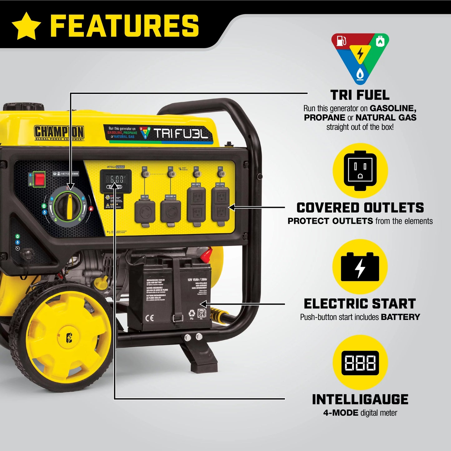 Champion Power Equipment 8000-Watts Tri-Fuel Portable Natural Gas Generator with CO Shield and Electric Start