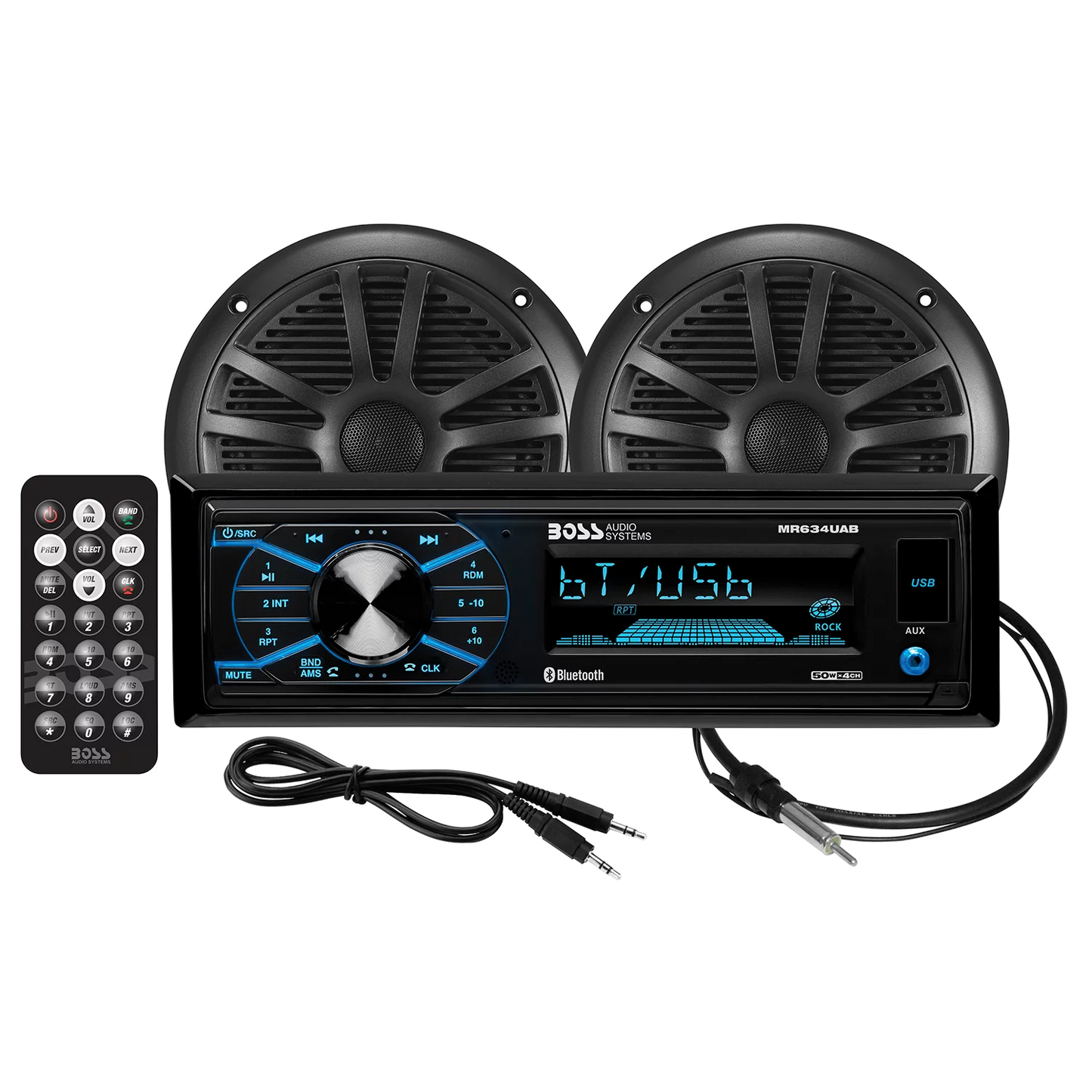 BOSS Audio Systems MCBK634B.6 Marine Boat Stereo Sound System Speaker Package &#8211; Single Din Radio Receiver Head Unit, No CD Player, Bluetooth Audio, Two 6.5 Inch Full Range Speakers, Dipole Antenna