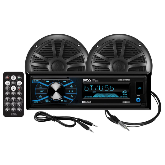 BOSS Audio Systems MCBK634B.6 Marine Boat Stereo Sound System Speaker Package &#8211; Single Din Radio Receiver Head Unit, No CD Player, Bluetooth Audio, Two 6.5 Inch Full Range Speakers, Dipole Antenna