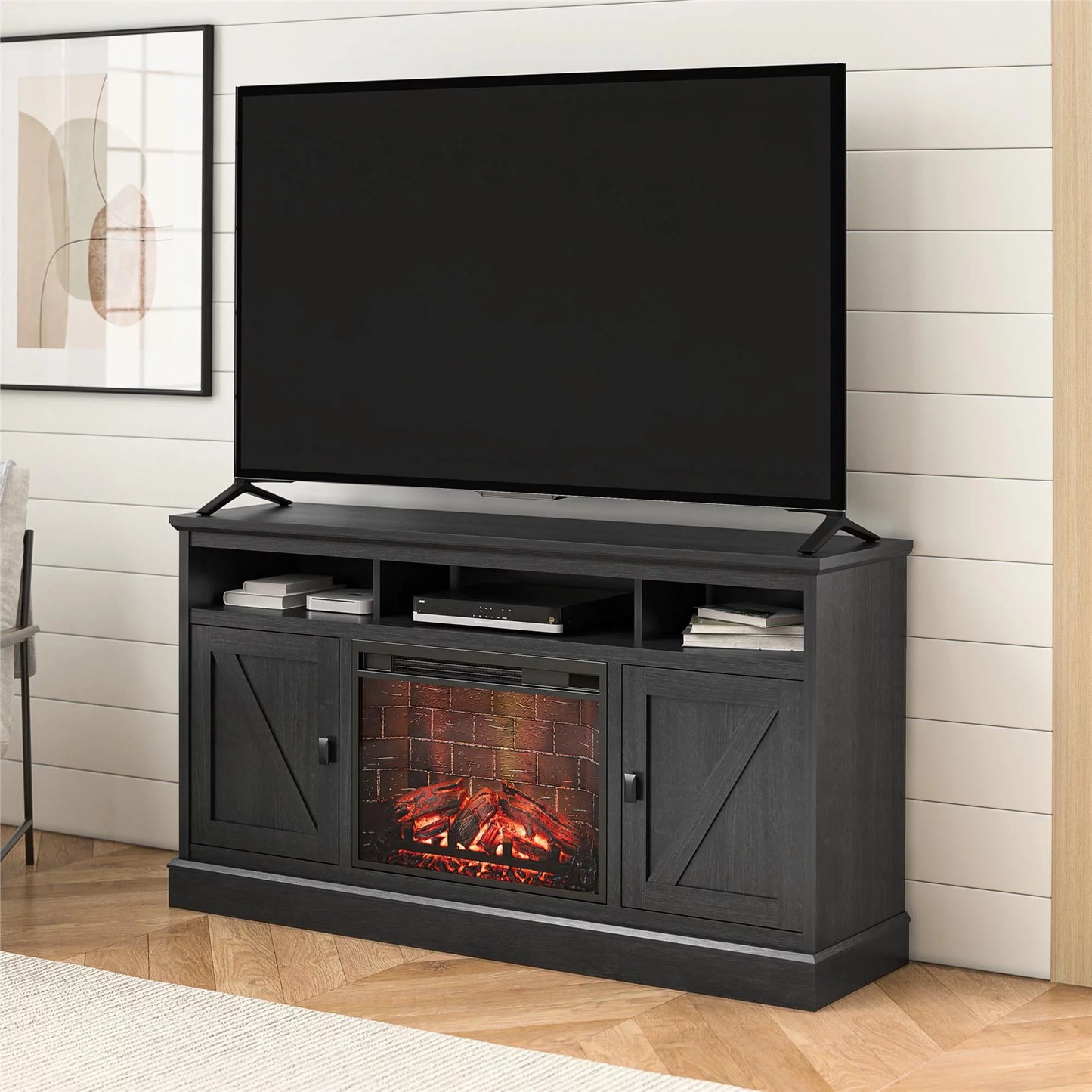 Ameriwood Home Ashton Lane Electric Fireplace TV Stand for TVs up to 65&#8243;, Black Oak