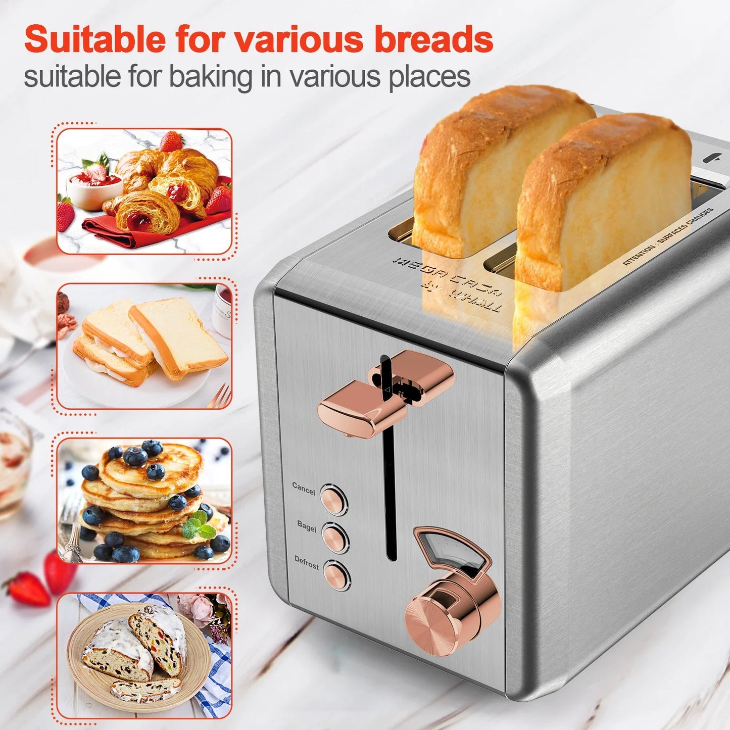 WHALL 2 Slice Toaster &#8211; Stainless Steel Toaster with Wide Slot, 6 Shade Settings, Bagel Function, Removable Crumb Tray