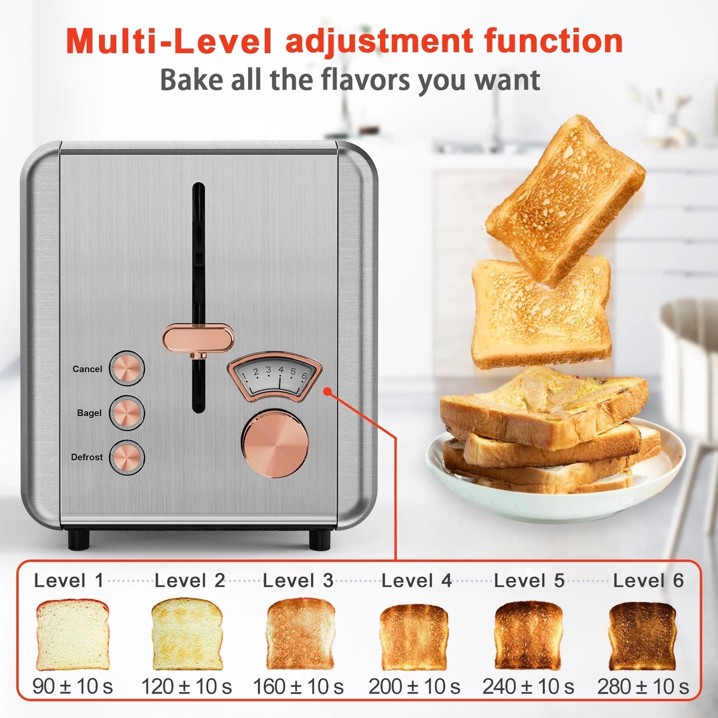 WHALL 2 Slice Toaster &#8211; Stainless Steel Toaster with Wide Slot, 6 Shade Settings, Bagel Function, Removable Crumb Tray