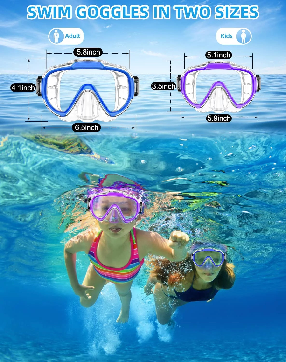 Swim Goggles Adult, Anti Fog Snorkel Diving Goggles, Clear View Tempered Glass Swimming Mask with Nose Cover