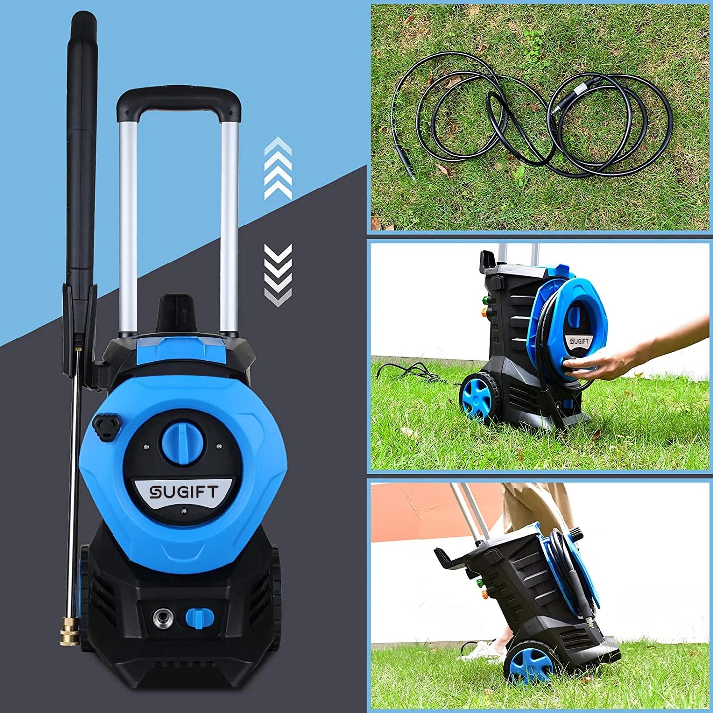 SUGIFT 3300PSI Electric Pressure Washer High Power Pressure with 4 Nozzles Foam Cannon and Hose Reel